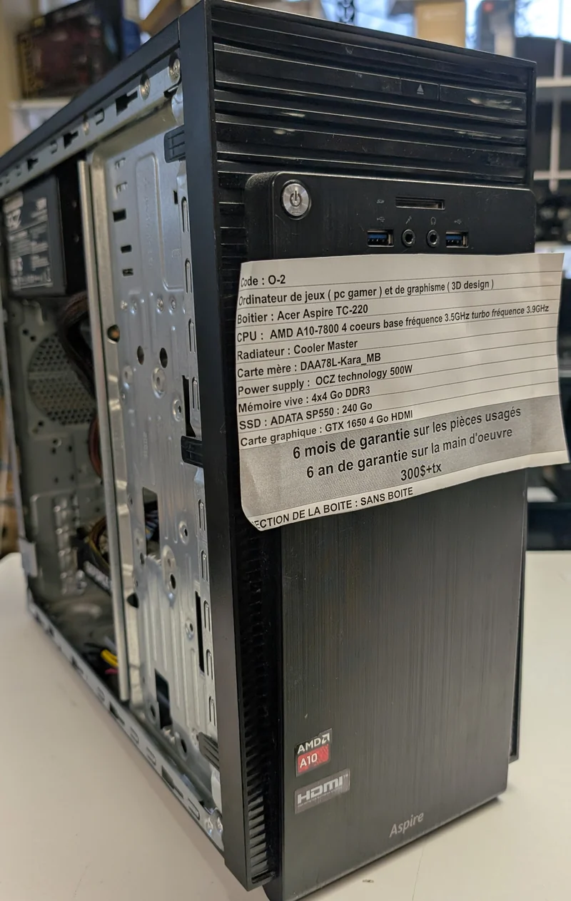(PRÊT À PARTIR) PC Low Gaming A10-7800 GTX1650 4GB 16Go Ram SSD 240Go