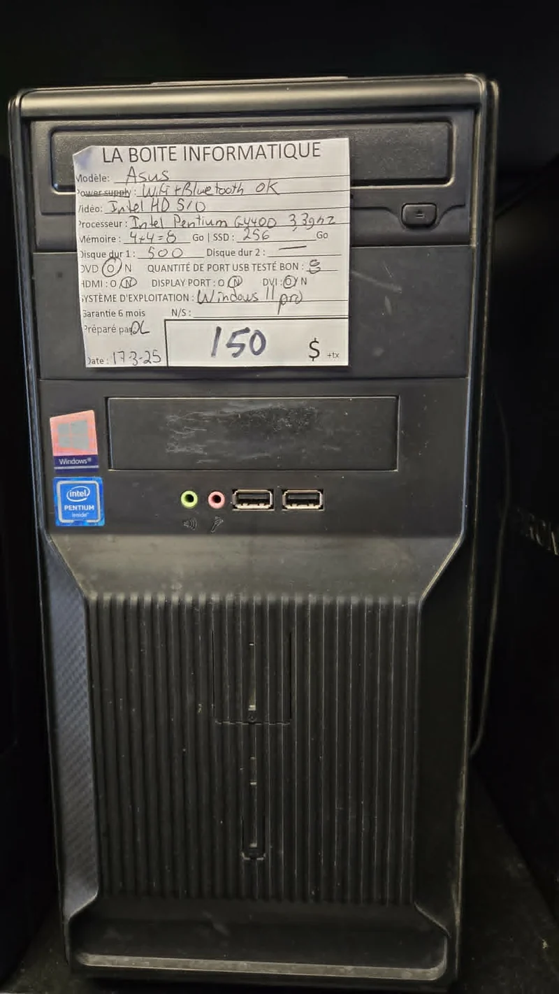 PC ASUS Intel Pentium G4400 3.3GHz 8Go RAM SSD 256Go + HDD 500Go Wi-Fi Bluetooth HDMI Win11 Pro