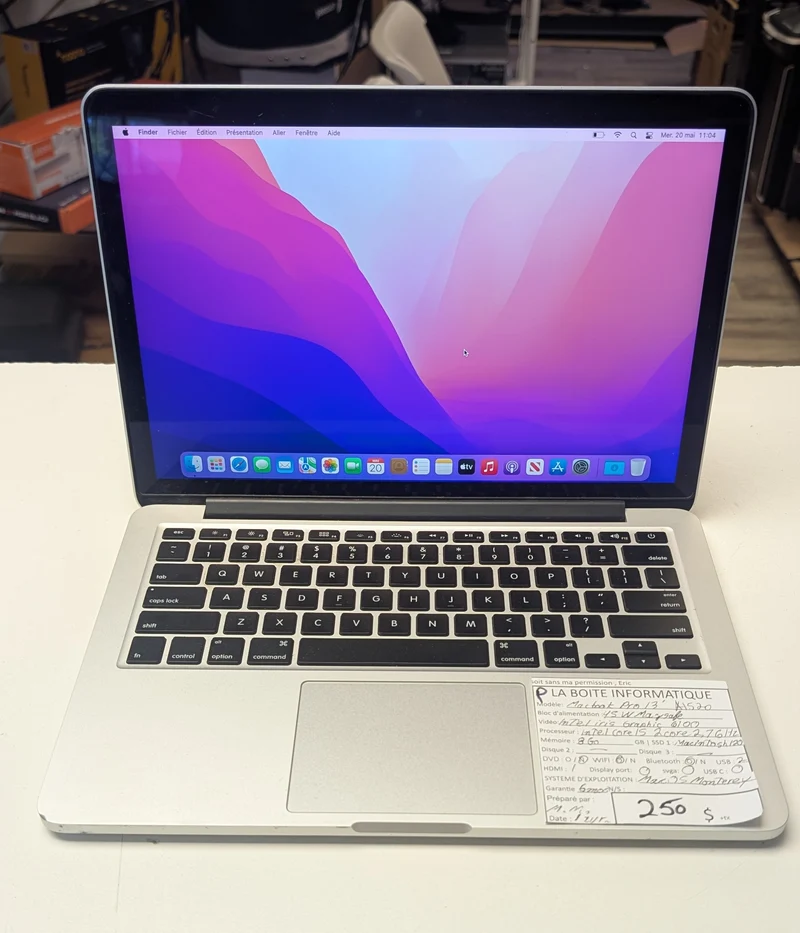 Laptop MacBook Pro 13po Retina A1502 Intel Core i5 8Go SSD macOS Monterey Apple