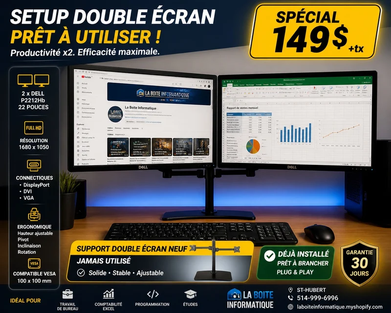 🖥️ Setup Double Écran Dell P2212Hb 22" + Support Double – Prêt à Utiliser 🔥