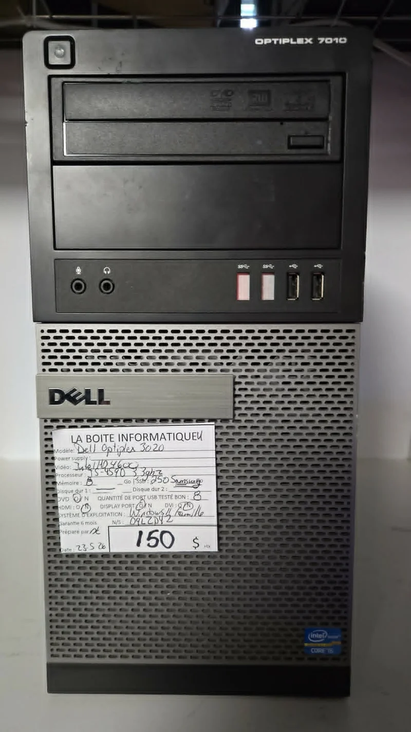 Dell OptiPlex 3020 MT i5-4590 8Go RAM SSD Samsung 250Go HDMI DVD Win11 Pro