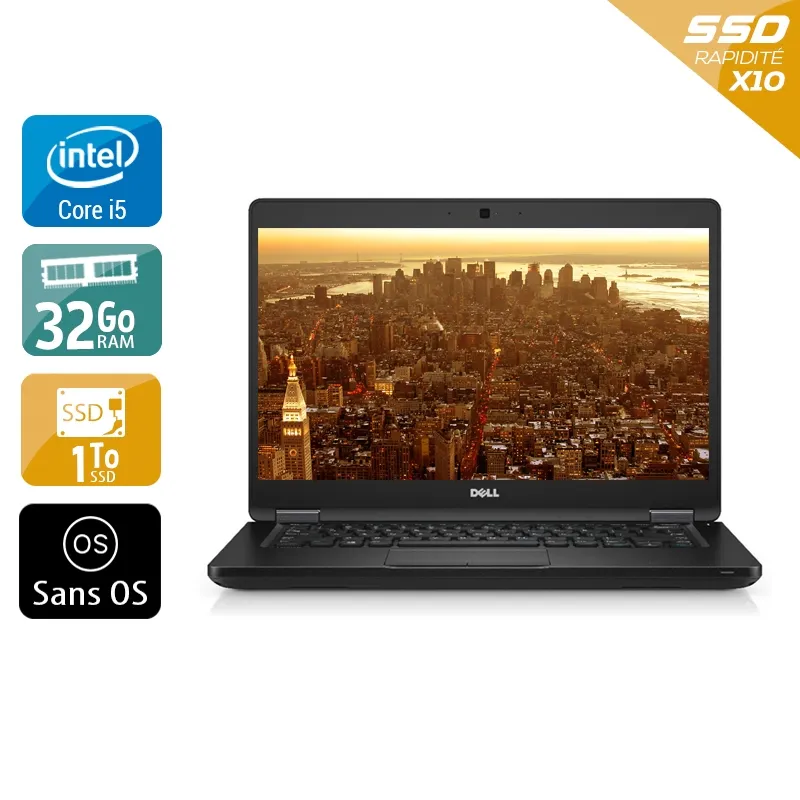 Latitude 5480 14" 2015 - Intel Core i5 2,4Ghz - 6 - 32Go DDR4 - 1To SSD - Intel HD Graphics 520 - Gris / Noir - Sans OS - AZERTY