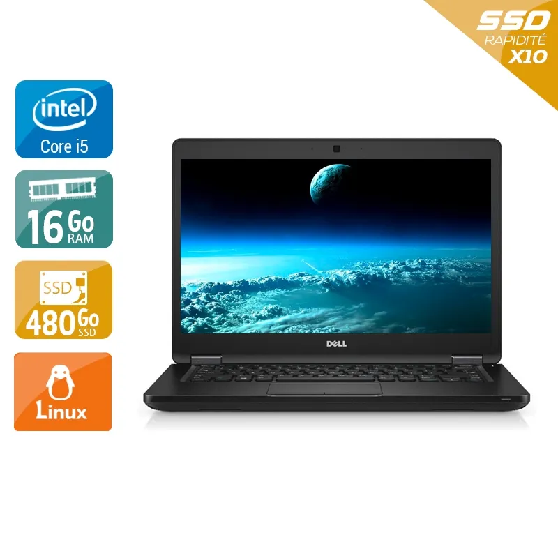 Latitude 5480 14" 2016 - Intel Core i5 3,1Ghz - 2 - 16Go DDR4 - 480Go SSD - Intel HD Graphics 620 - Gris / Noir - Linux - AZERTY